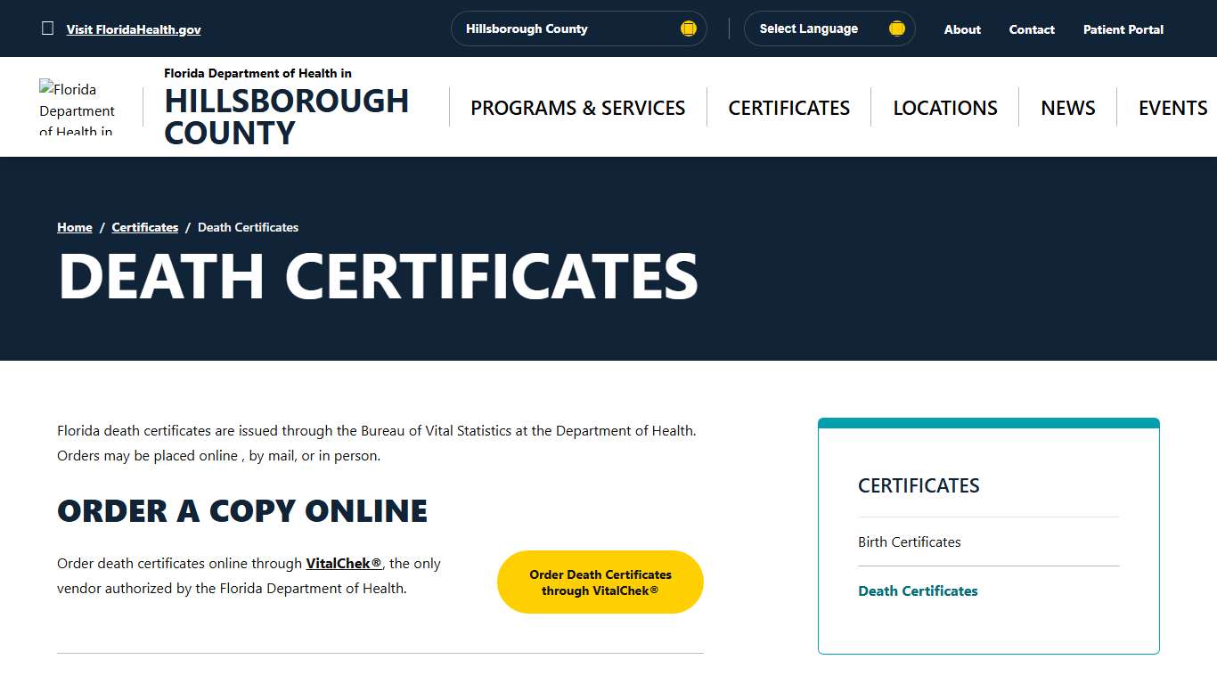 Death Certificates - Florida Department of Health in Hillsborough County